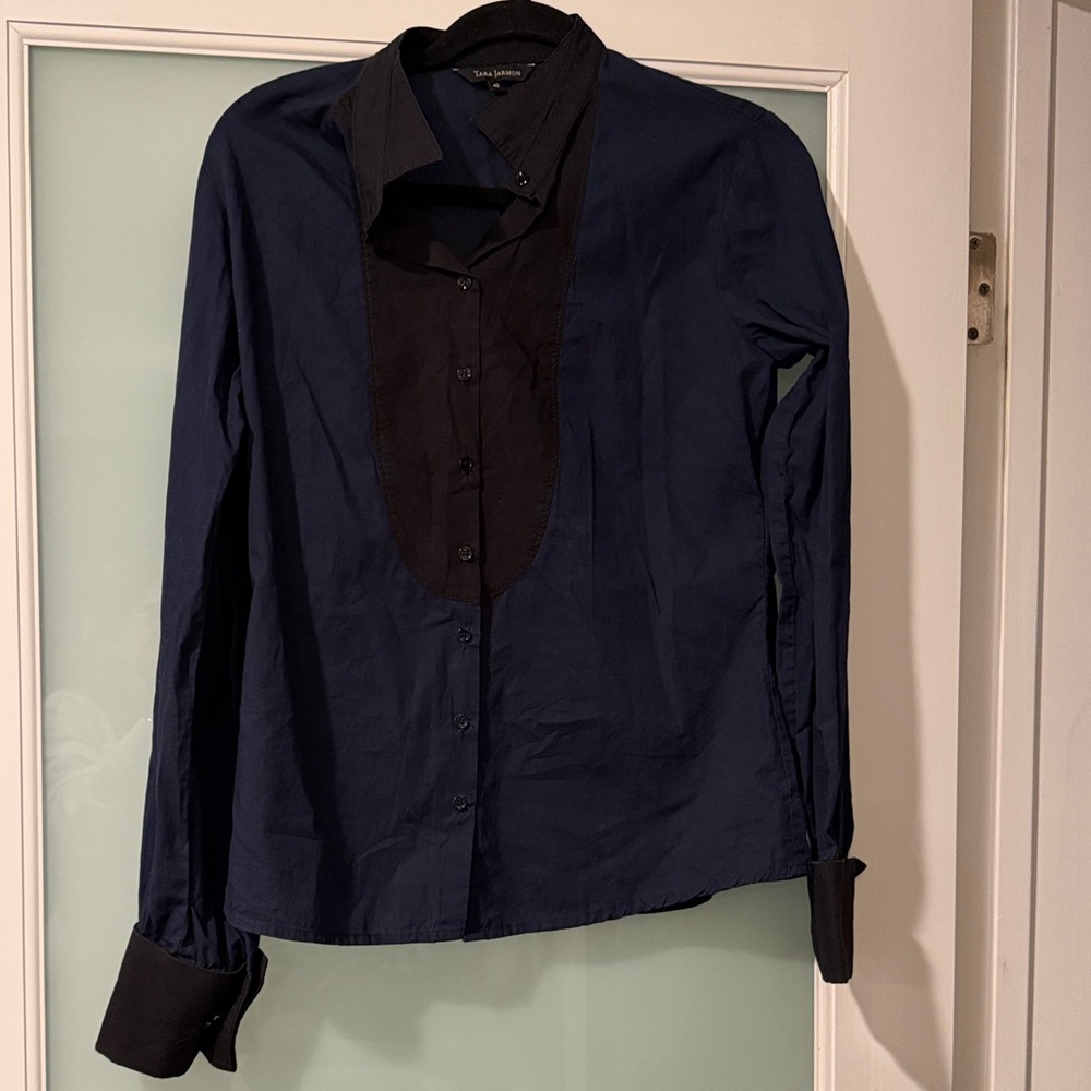 Tara Jarmon Midnight Blue and Black Dress Shirt Made in France